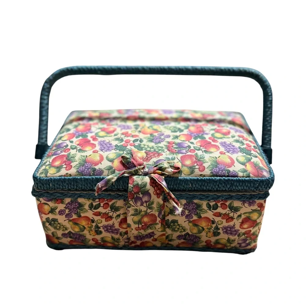 Vintage Fruit Print Sewing Basket Teal Wicker Trim Floral Craft Storage Box